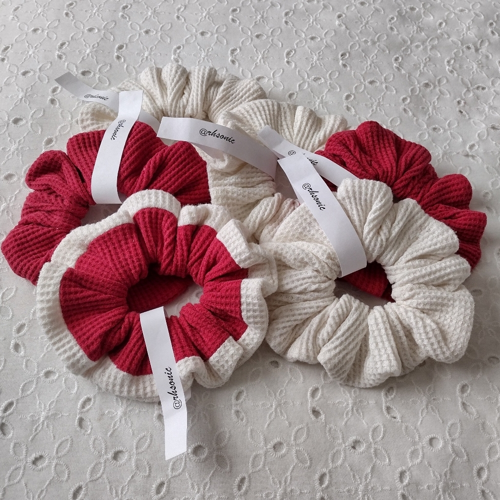 Large Scrunchies Upcycled Cotton Knit Waffle Weave Handcrafted Red Off-White L